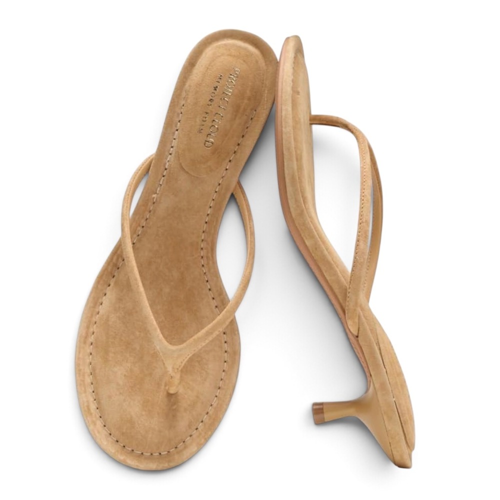 Project Cloud Tan Suede Kitten Heel Thong Sandals Memory Foam Wm 7.5 NIB